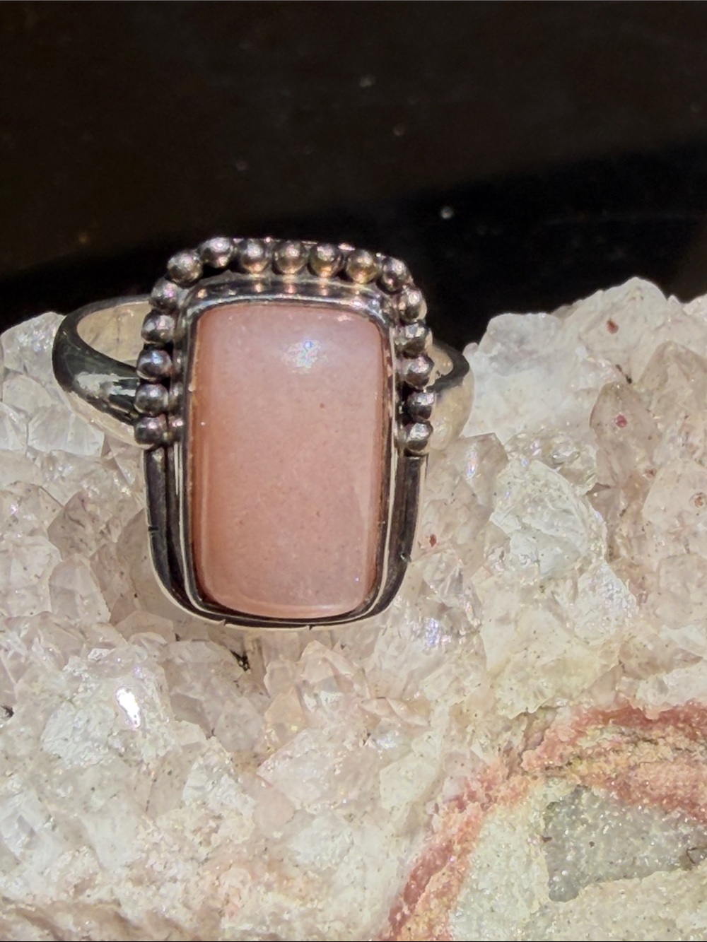 Peach Moonstone 925 Sterling Silver Ring, Size 6